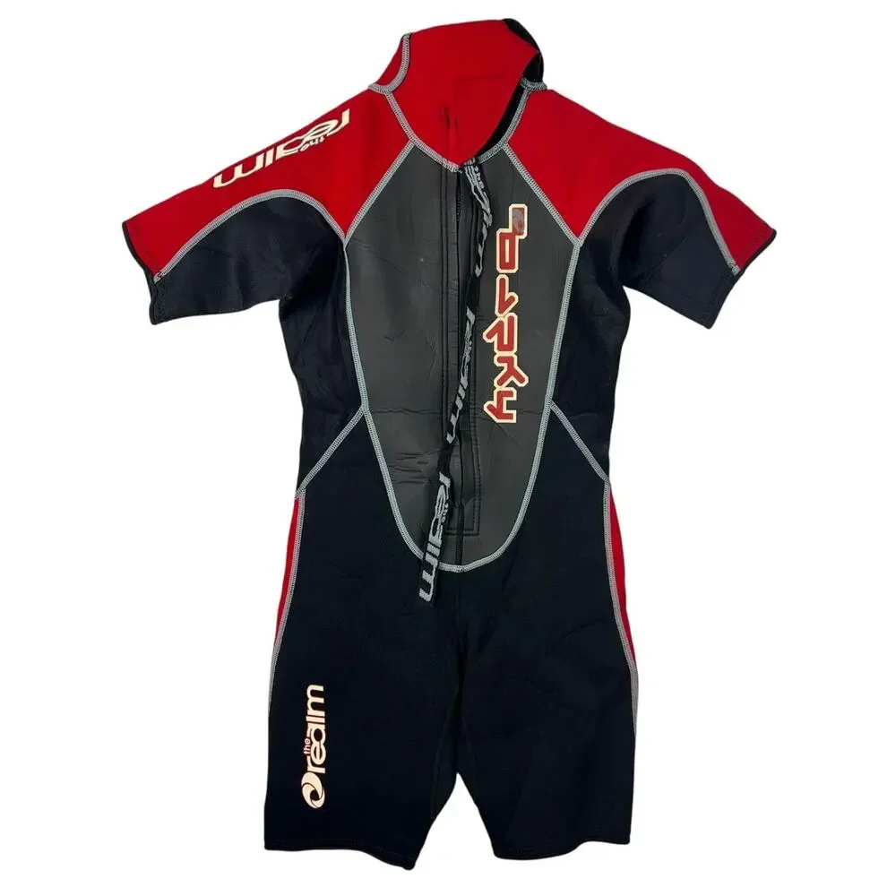 The Realm Spring Shortie Wetsuit Short Sleeve Black Red Juniors Youth 10
